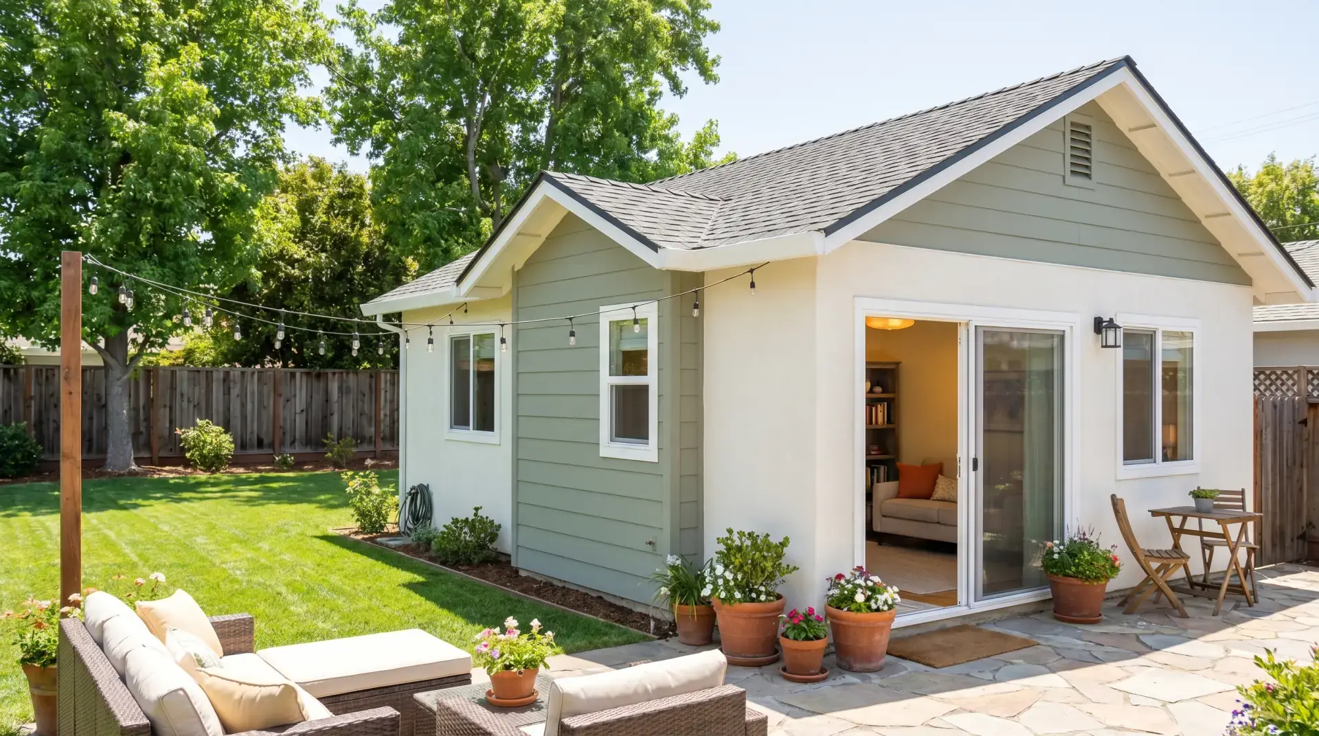 Sunlit Sacramento backyard ADU with an open glass door, lounge seating, and warm string lights
