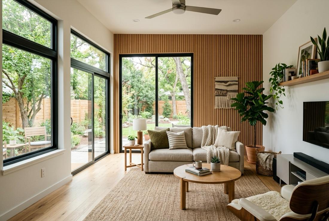 Bright, furnished Upside ADU living room with quartz counters and backyard view